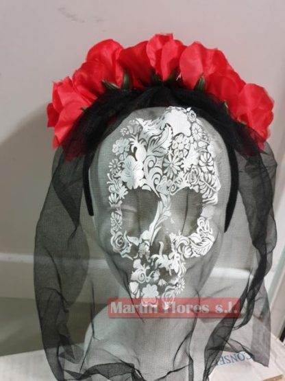 Diadema velo calavera catrina flores rojas